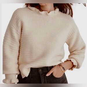 Madewell * Ruffle-neck Sweater Cotton/Merino Wool Blend, Cream, Women’s XS